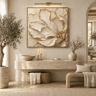 Luxury Cream and Gold Flower Wall Art – Oversized Textured Look Canvas for Bedroom and Living Room