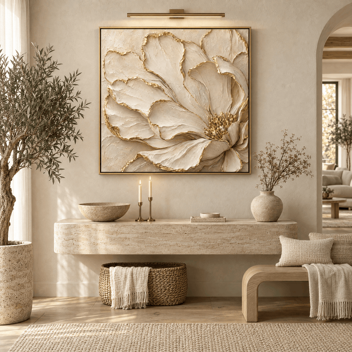 Luxury cream and gold flower wall art hanging above a travertine entryway console