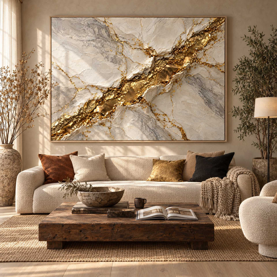 White Marble Wall Art – Oversized Gold Vein Drift Textured Look Canvas for Living Room and Entryway