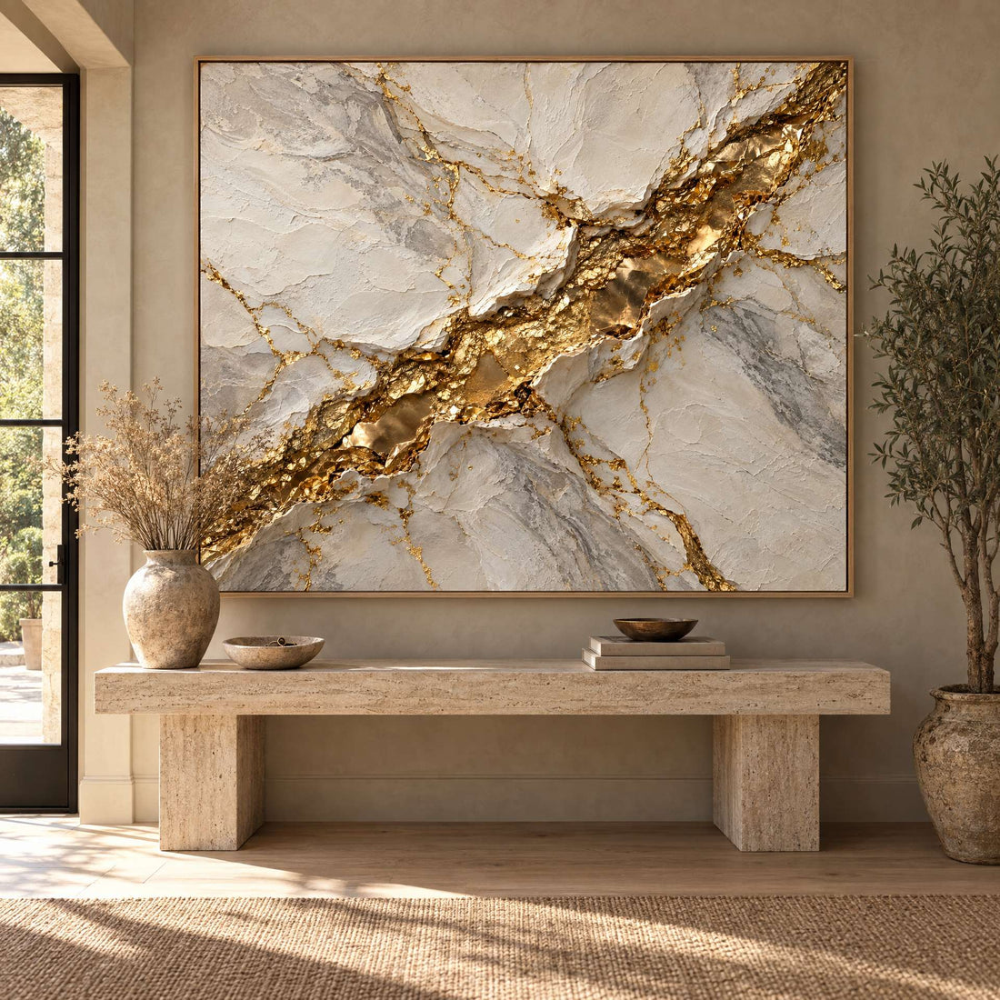 White Marble Wall Art – Oversized Gold Vein Drift Textured Look Canvas for Living Room and Entryway