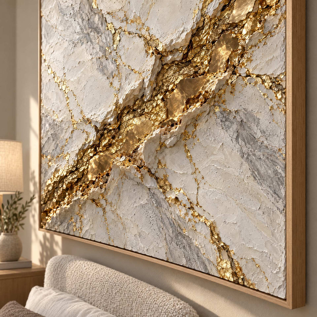 White Marble Wall Art – Oversized Gold Vein Drift Textured Look Canvas for Living Room and Entryway