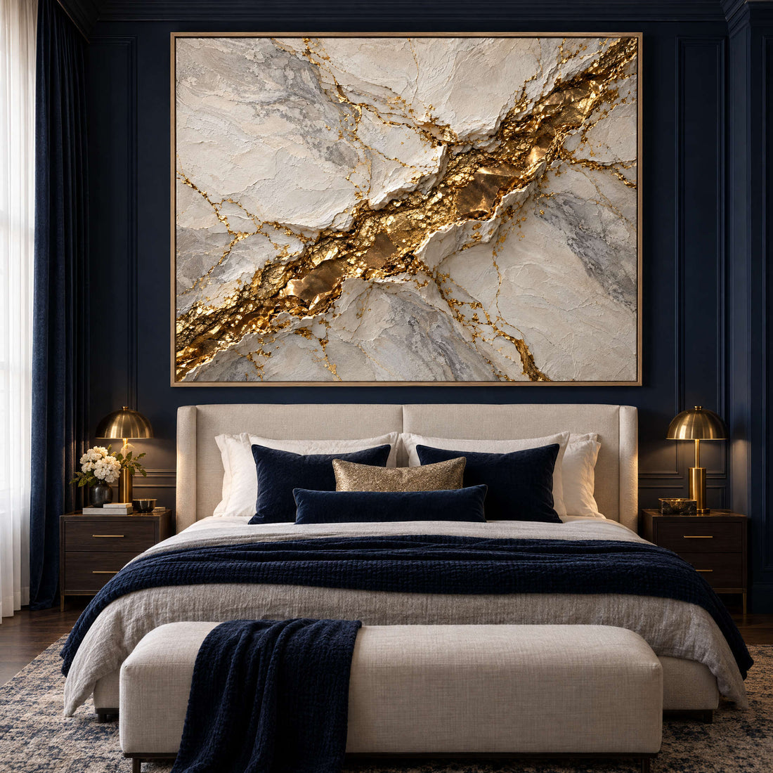 White Marble Wall Art – Oversized Gold Vein Drift Textured Look Canvas for Living Room and Entryway