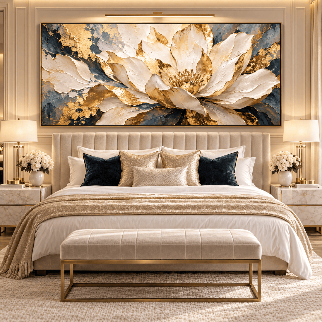 Gold and navy floral canvas above the bed in a hotel suite bedroom