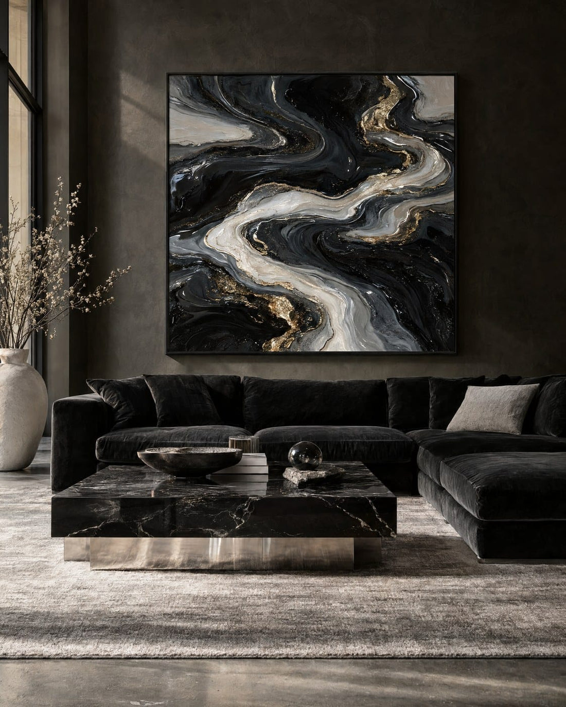 Black and Silver Wall Art – Oversized Abstract River Textured Look Canvas for Living Room