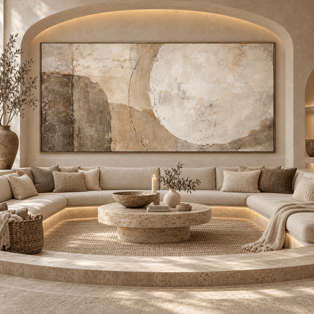 Beige and taupe textured canvas in a sunken travertine lounge