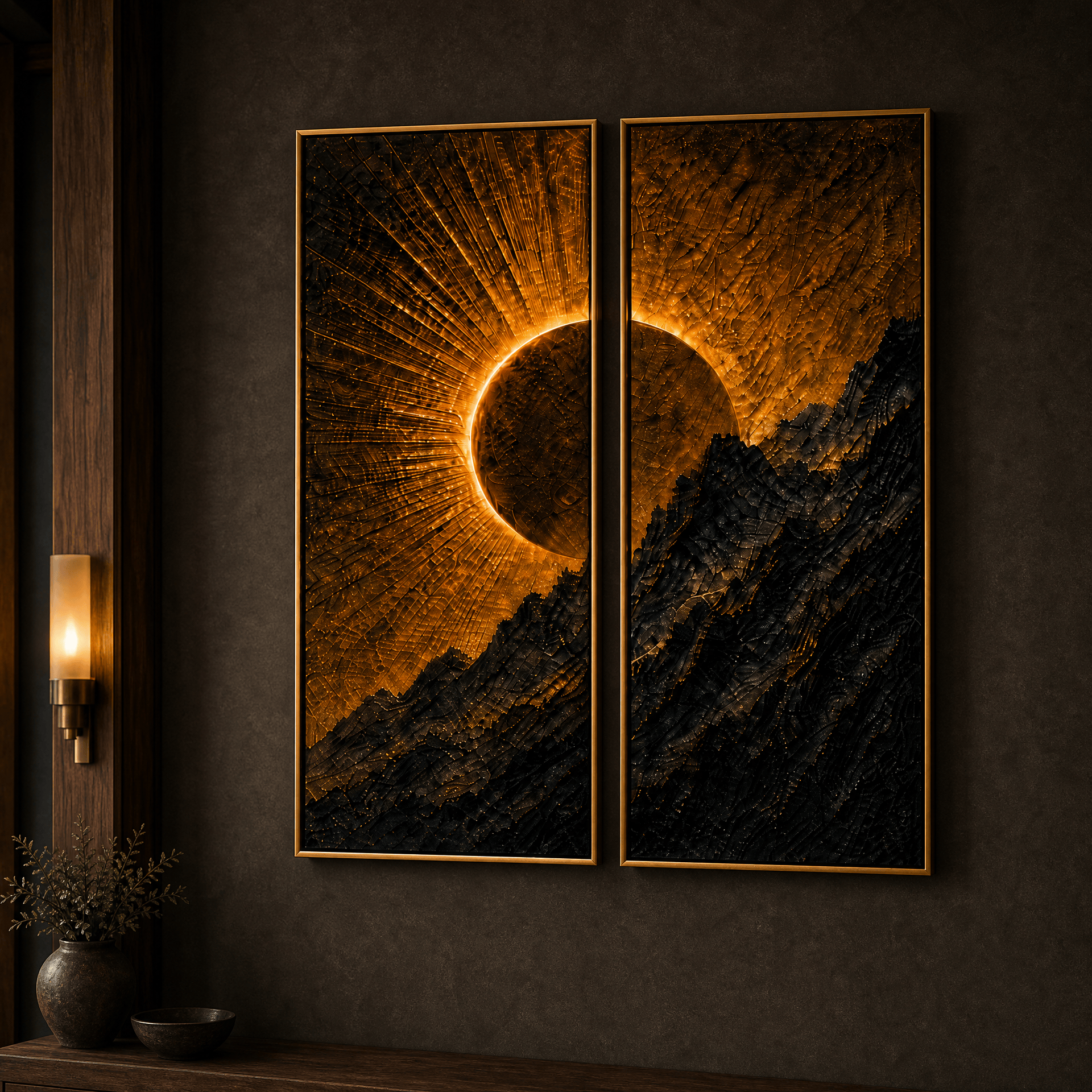 Golden Eclipse Mountain Wall Art – Luxury 2 Panel Sculptural Sunrise Canvas Set