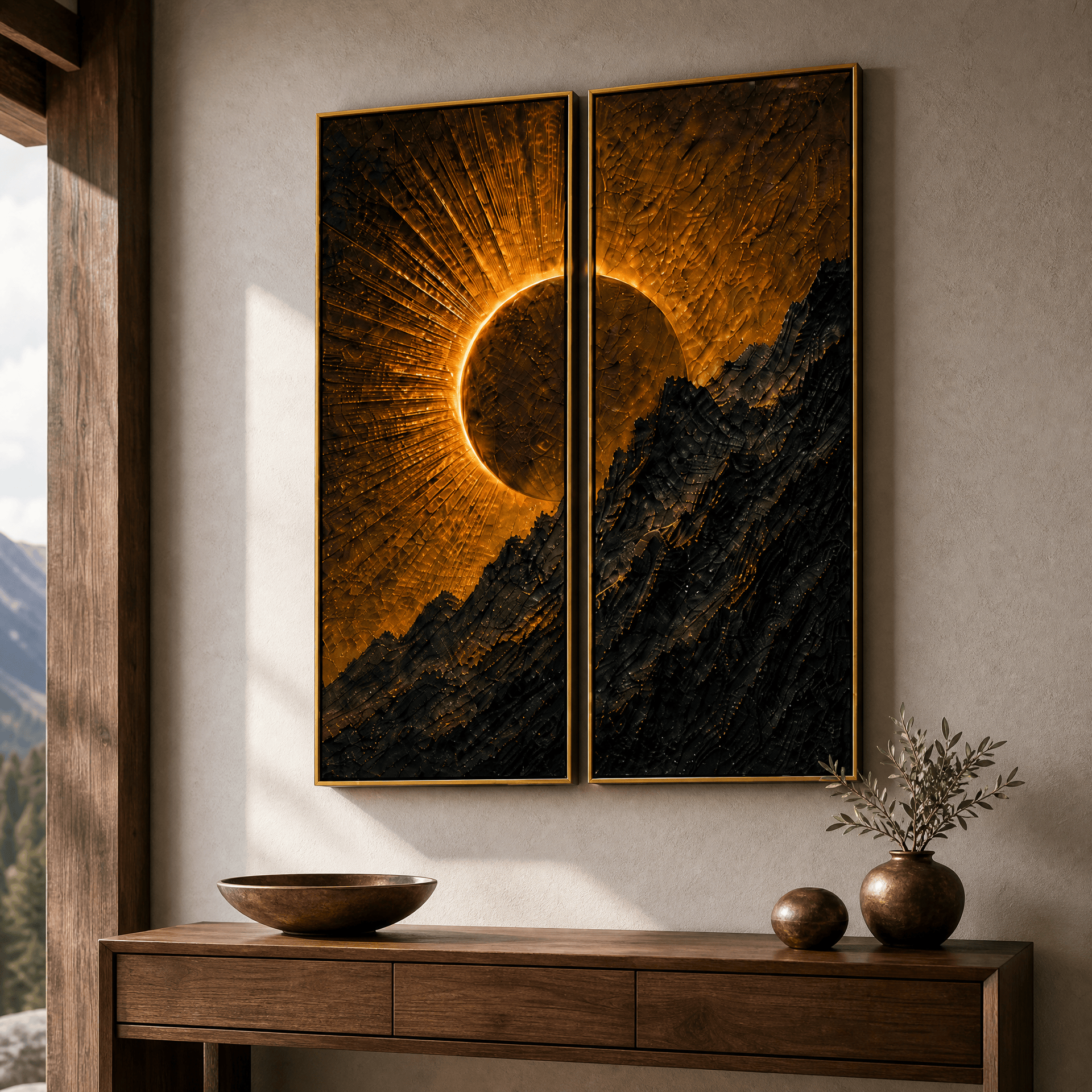 Golden Eclipse Mountain Wall Art – Luxury 2 Panel Sculptural Sunrise Canvas Set