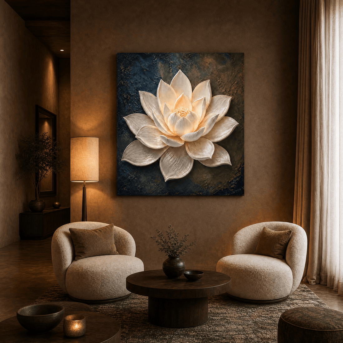 Glowing lotus flower relief canvas on a navy ground in a sitting room