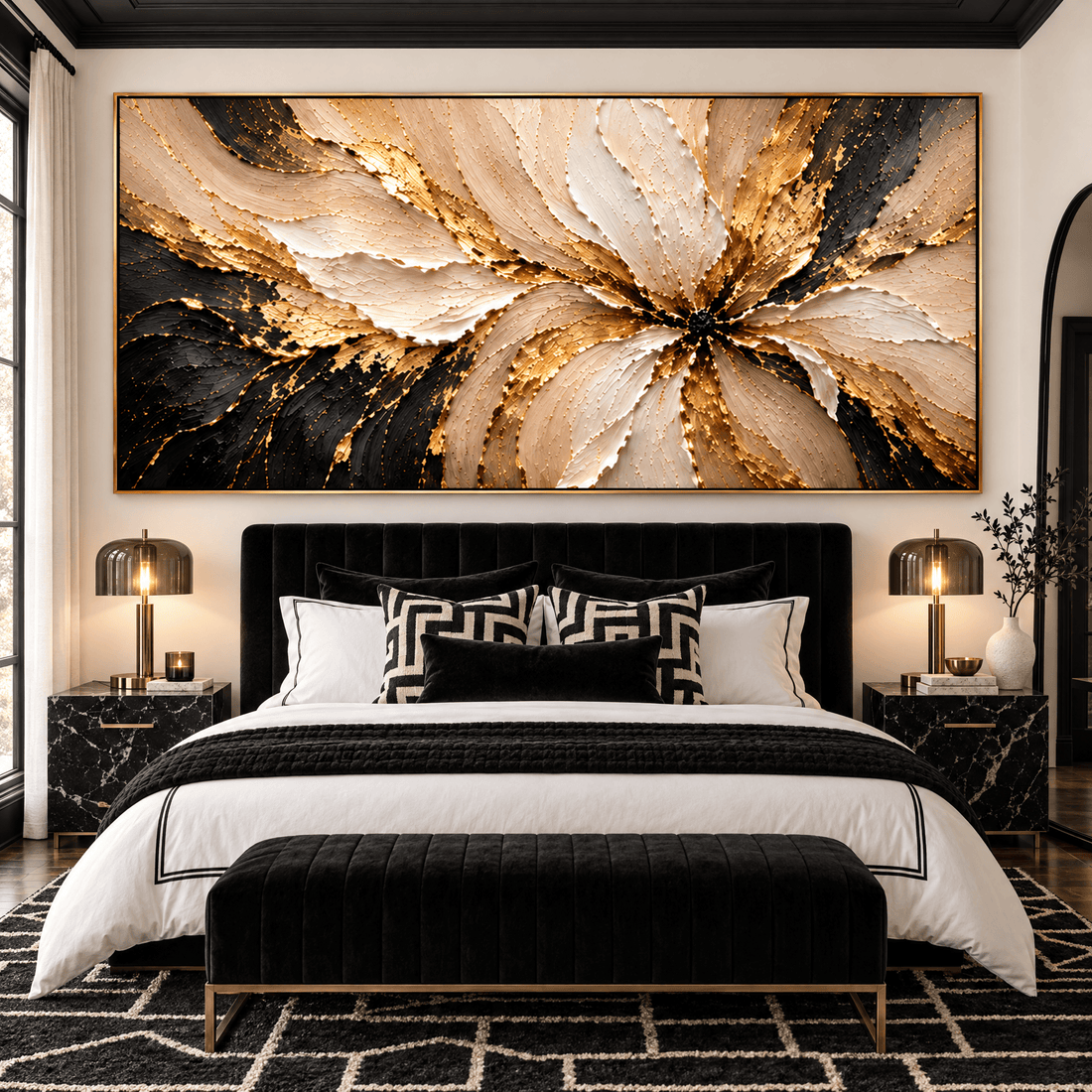 Textured gold flower wall art in a monochrome glam bedroom