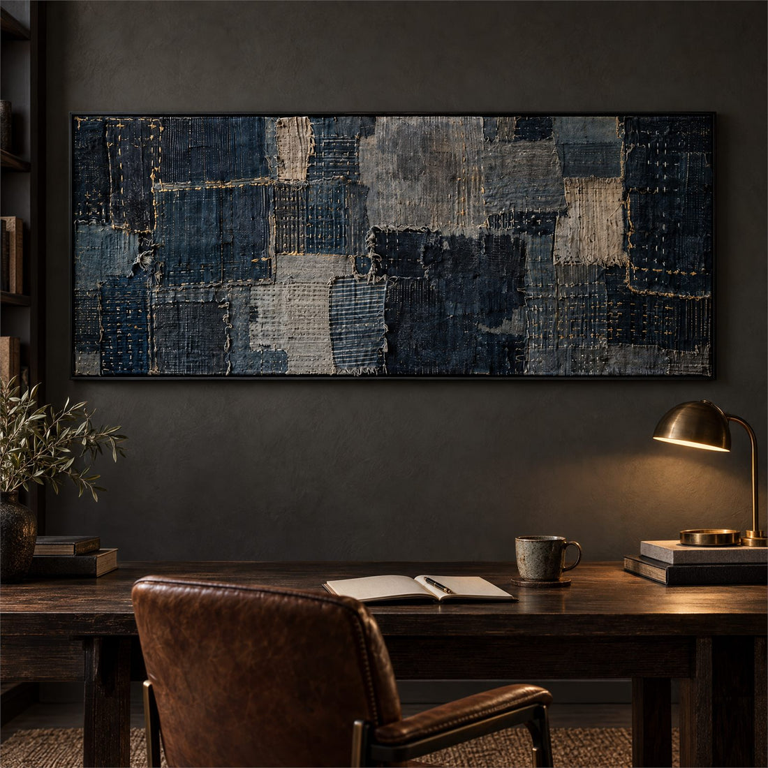 Indigo boro canvas in a study