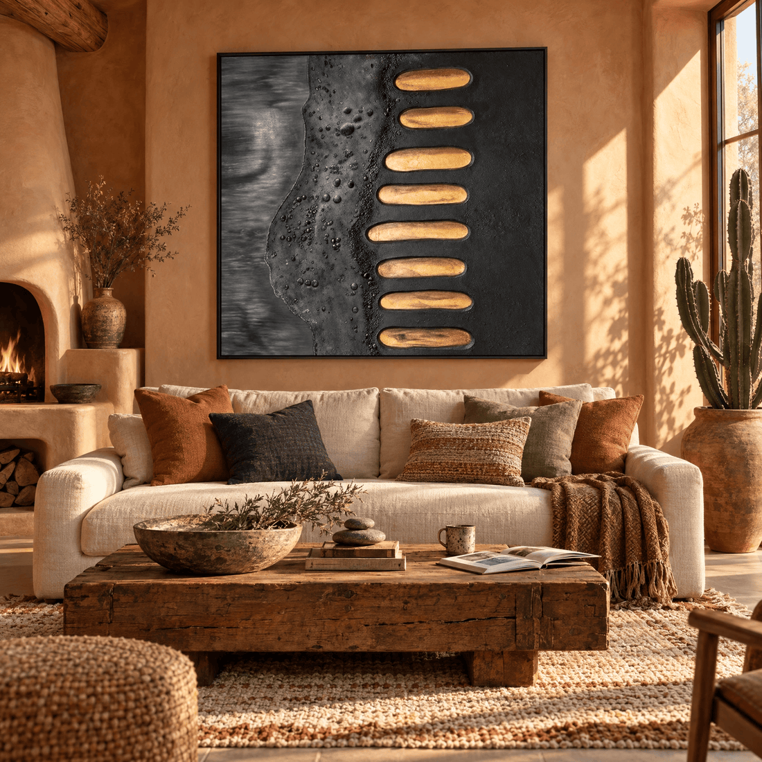 Black and gold leaf canvas in a desert modern adobe living room