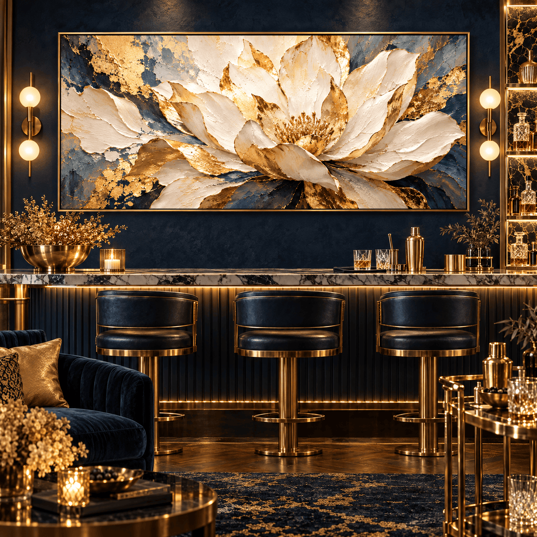 White and gold flower canvas in a gold lounge bar