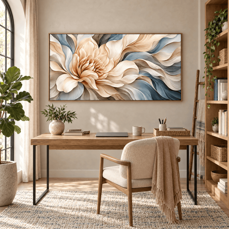 Alabaster Bloom panoramic floral canvas in a home office