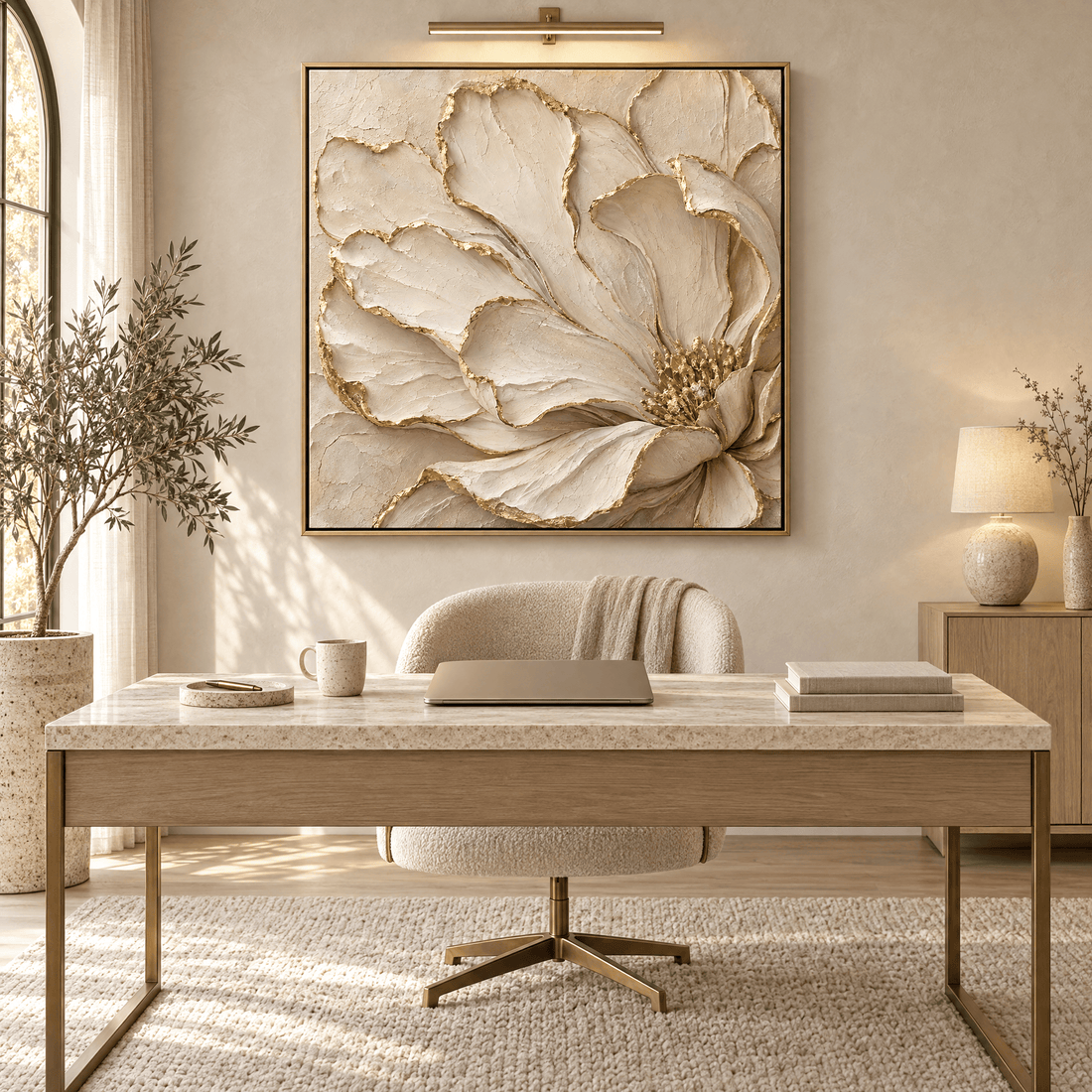 Cream and gold textured look flower canvas above a desk in a home office