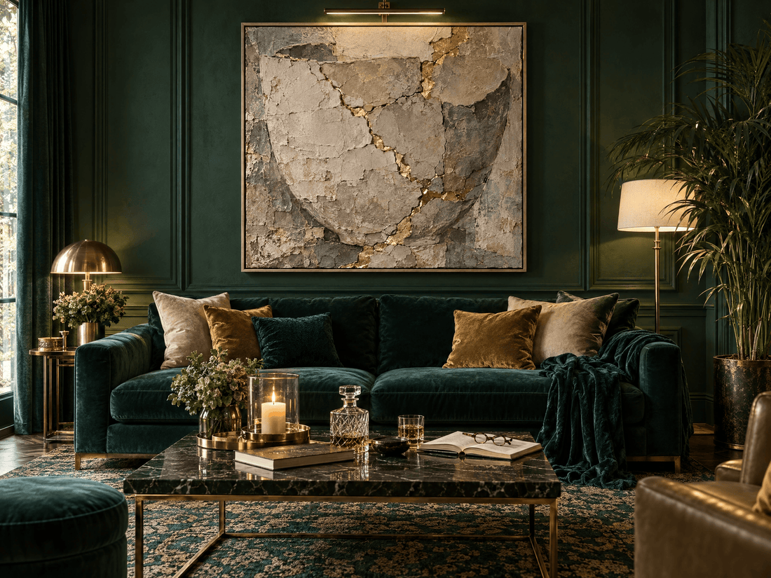Gold vein stone wall art above an emerald velvet sofa with brass accents