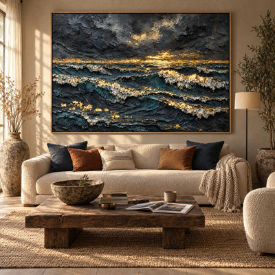 Dark Ocean Wall Art – Oversized Navy and Gold Stormy Sunset Textured Look Canvas for Living Room