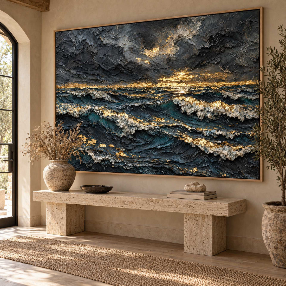 Dark Ocean Wall Art – Oversized Navy and Gold Stormy Sunset Textured Look Canvas for Living Room