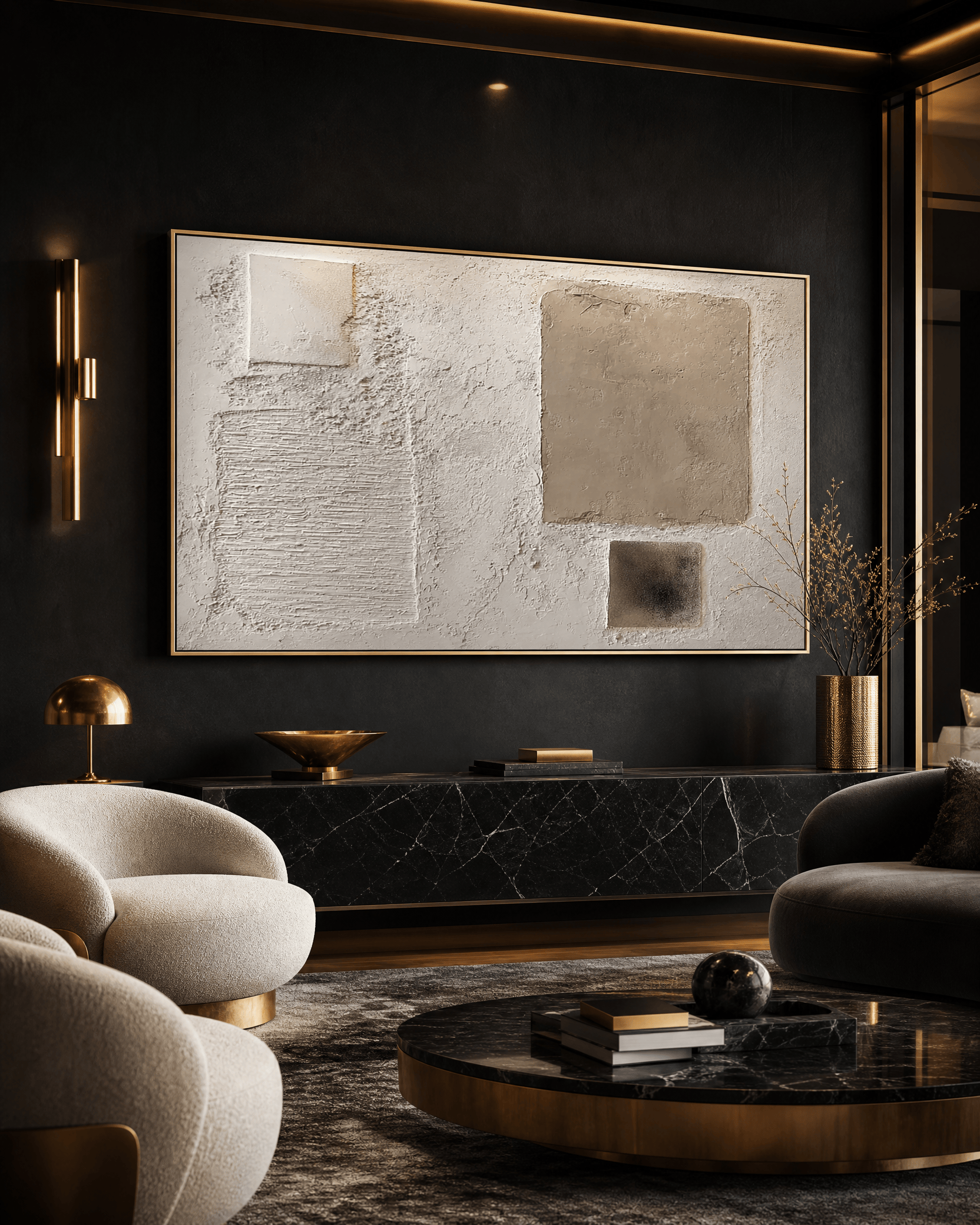 Minimalist plaster abstract canvas on a black wall in a gold accented lounge