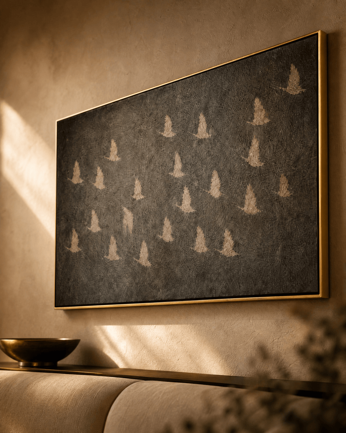Angled close view of the horizontal flying birds canvas showing the surface relief and gold frame
