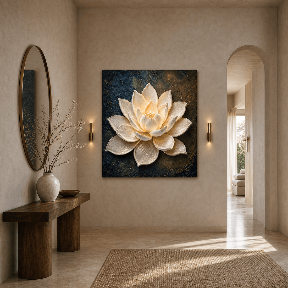 Cream and gold lotus textured canvas on a hallway wall