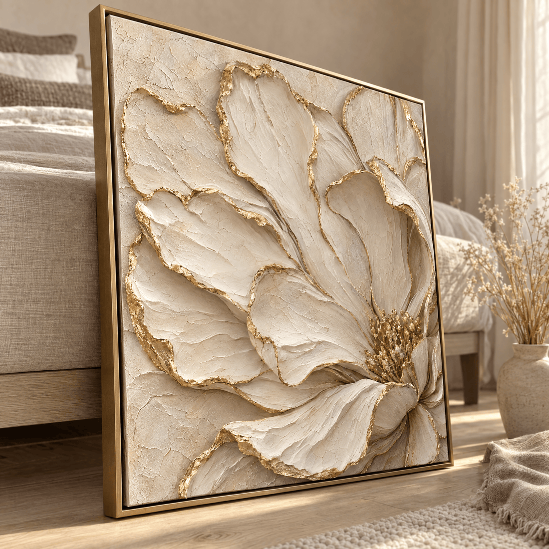 Close up of the gold leaf petal edges and sculpted texture on the cream flower canvas