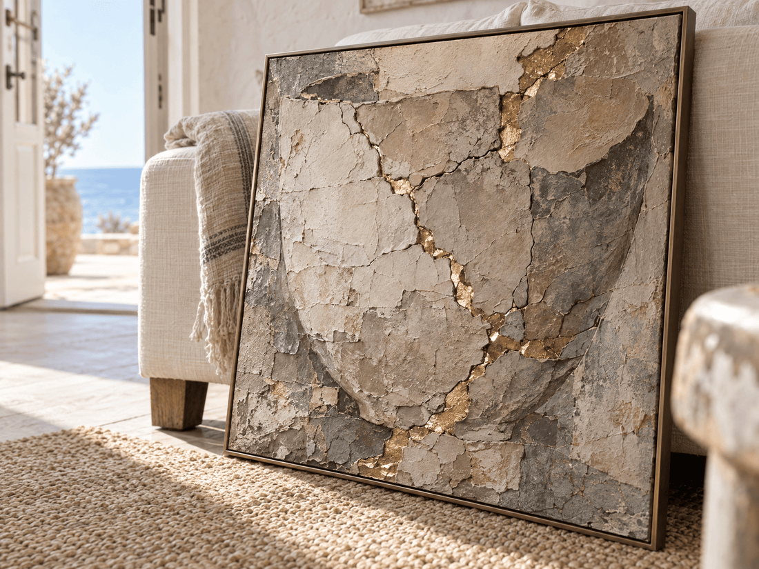 Kintsugi gold vein stone canvas leaned on the floor beside a sofa in a coastal room