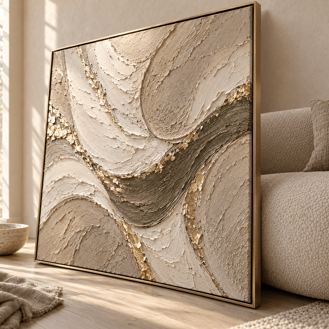Close up of the sculpted plaster texture and gold leaf seam on the cream and sage canvas