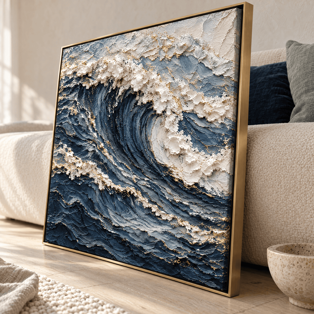 Close up of the sculpted white foam and gold veining on the navy ocean wave canvas