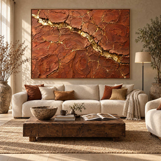 Terracotta Wall Art – Oversized Cracked Earth and Gold Textured Look Canvas for Living Room