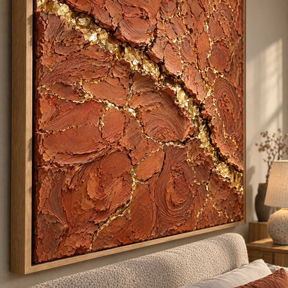 Terracotta Wall Art – Oversized Cracked Earth and Gold Textured Look Canvas for Living Room