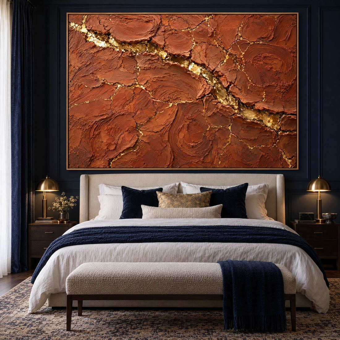 Terracotta Wall Art – Oversized Cracked Earth and Gold Textured Look Canvas for Living Room
