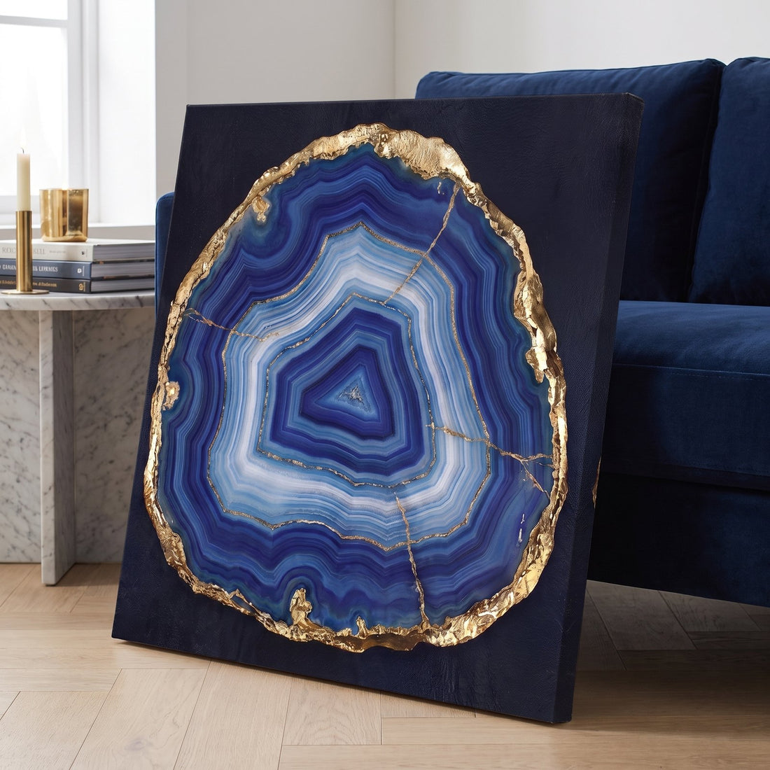 Close-up of the lapis agate canvas showing the gold leaf rim and banding