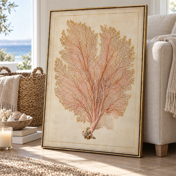 Close view of the sea fan showing the fine pink mesh, gilded tips and aged foxed paper