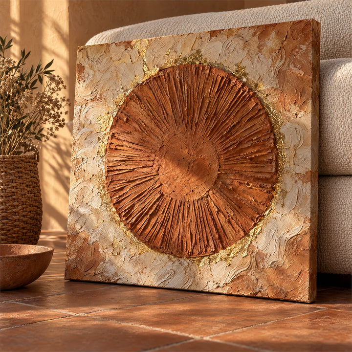 Close view of the combed clay rays and broken gold leaf rim