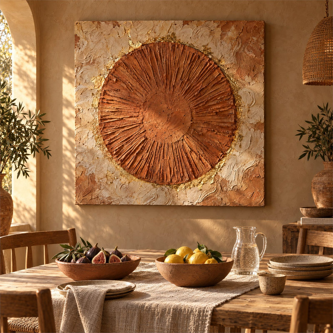 Terracotta sun canvas above a sideboard in a dining room