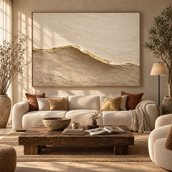 Beige and Gold Wall Art – Oversized Minimalist Sand Dune Textured Look Canvas for Bedroom and Living Room