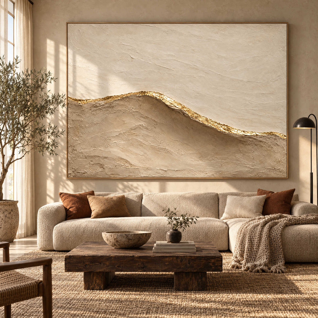 Beige and Gold Wall Art – Oversized Minimalist Sand Dune Textured Look Canvas for Bedroom and Living Room