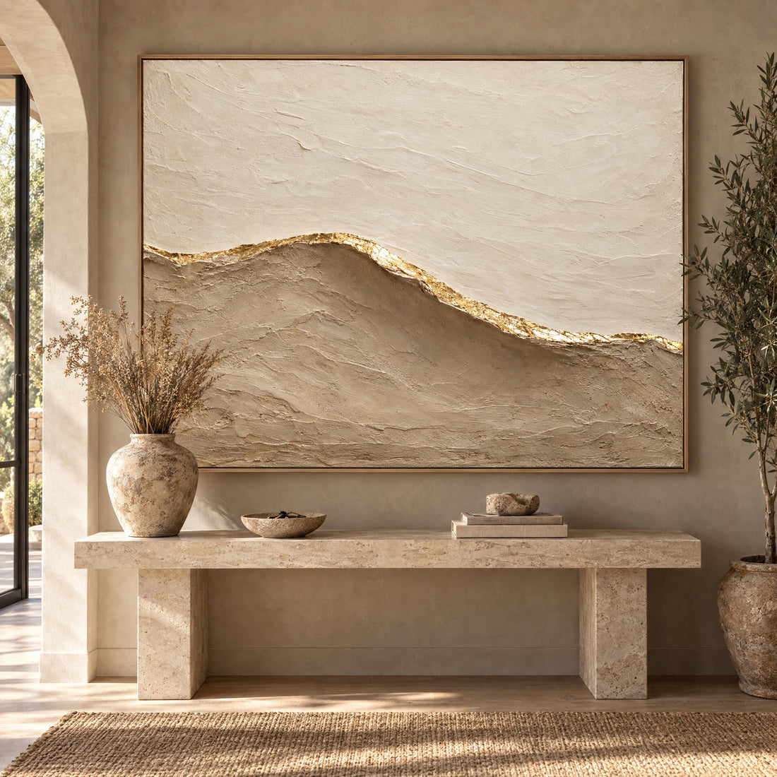 Beige and Gold Wall Art – Oversized Minimalist Sand Dune Textured Look Canvas for Bedroom and Living Room
