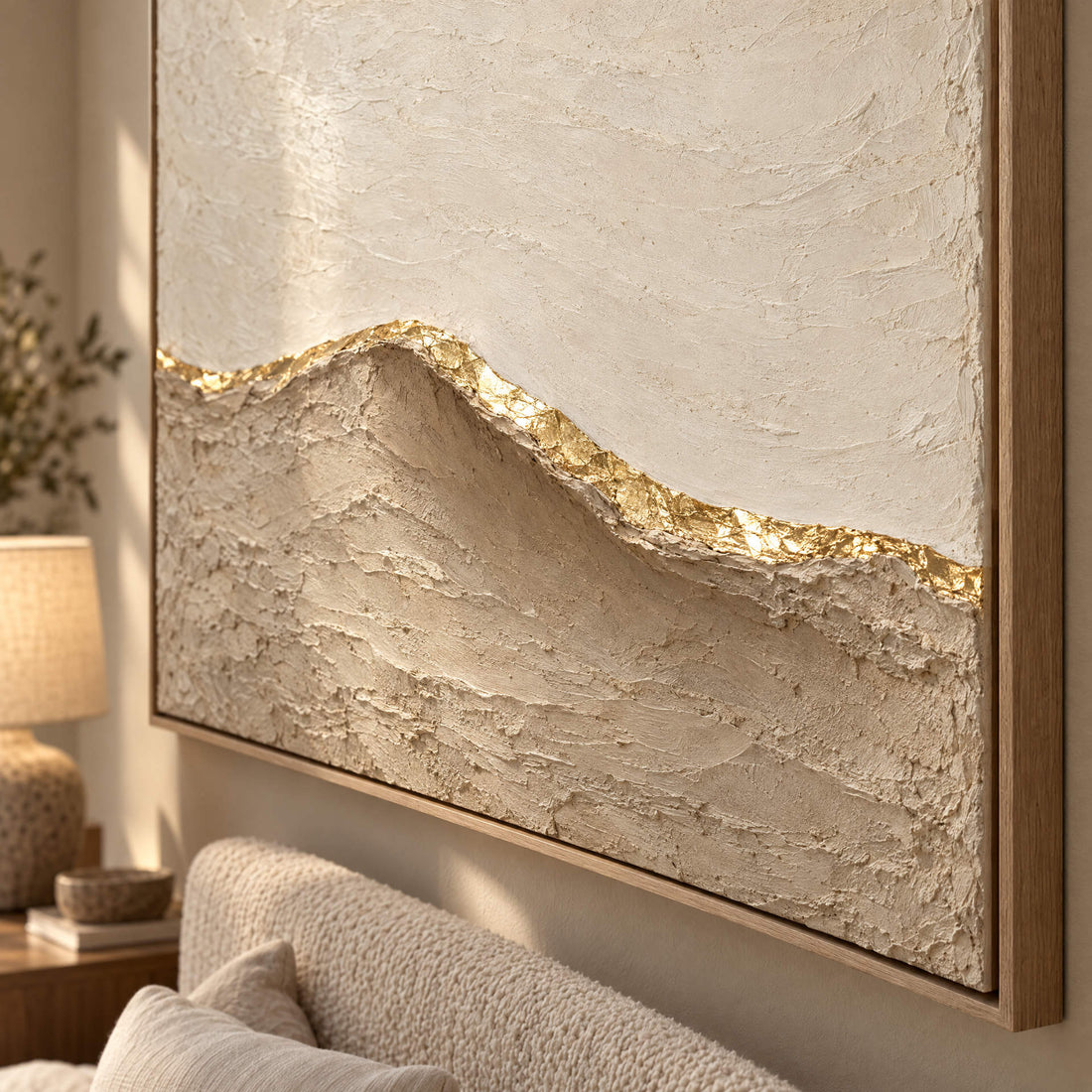 Beige and Gold Wall Art – Oversized Minimalist Sand Dune Textured Look Canvas for Bedroom and Living Room