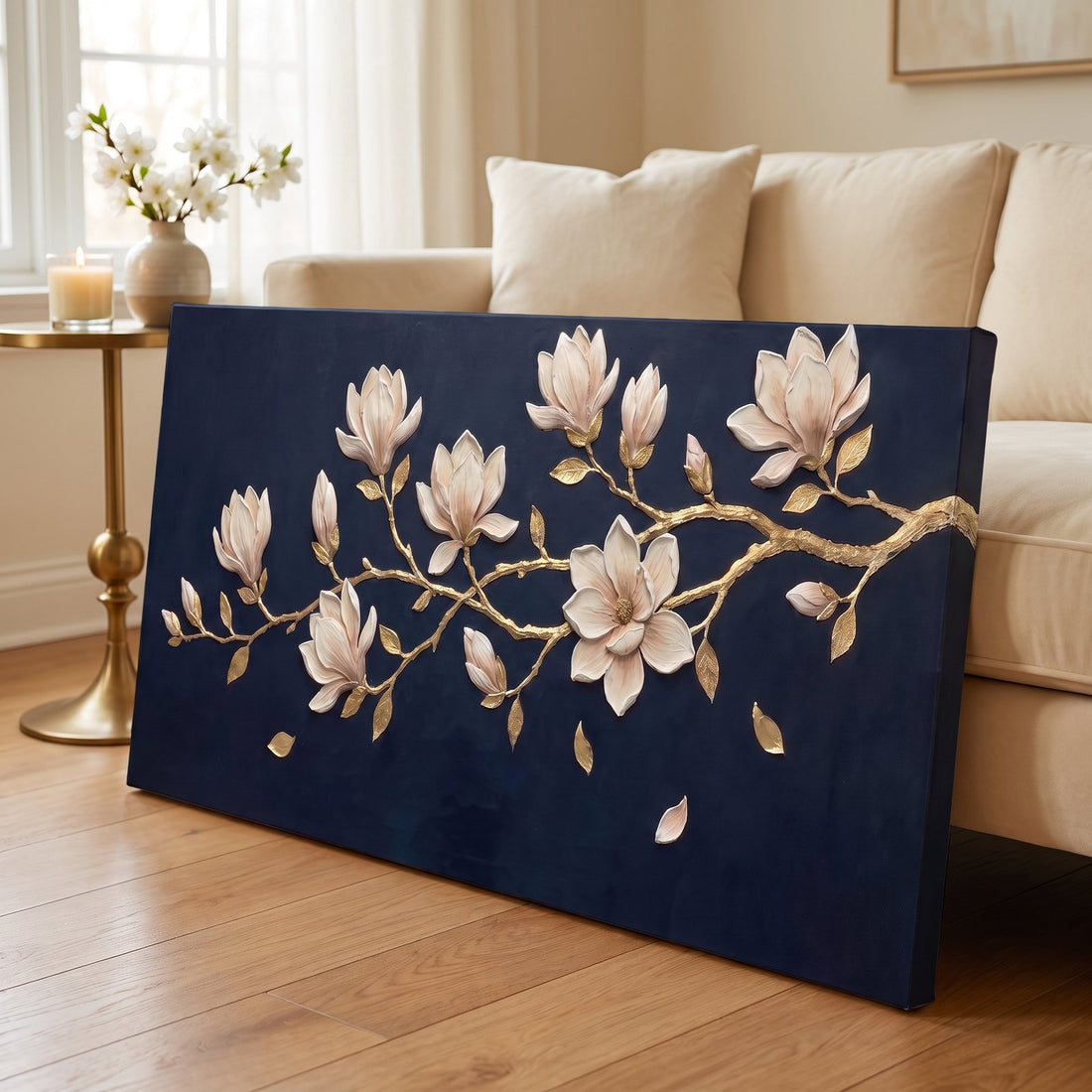 Close-up of the magnolia canvas showing sculpted blossoms and gold branch