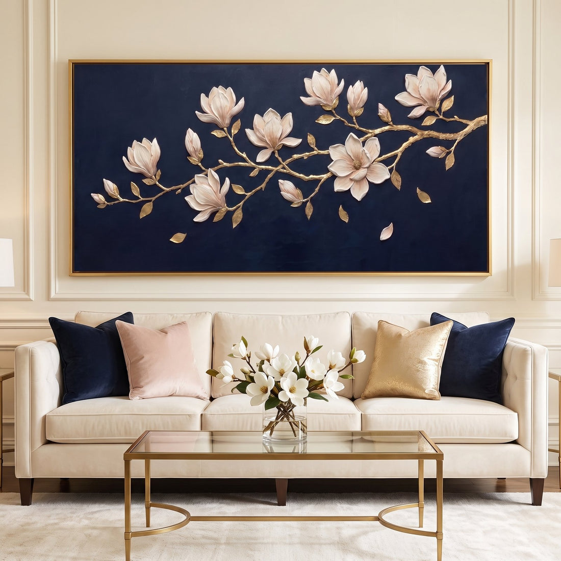 Navy and gold magnolia branch panoramic wall art above a cream velvet sofa