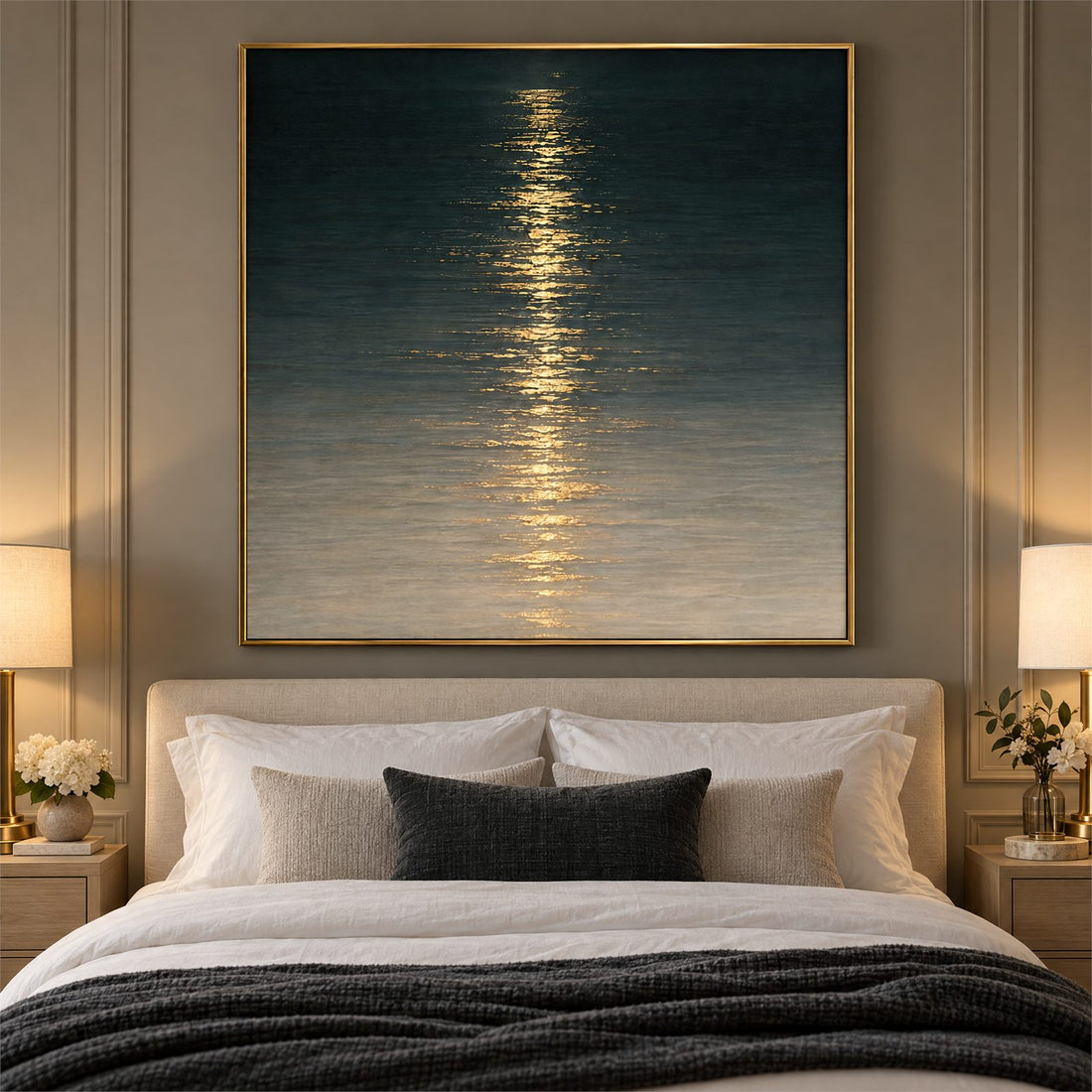 Moonlit water canvas above a bed