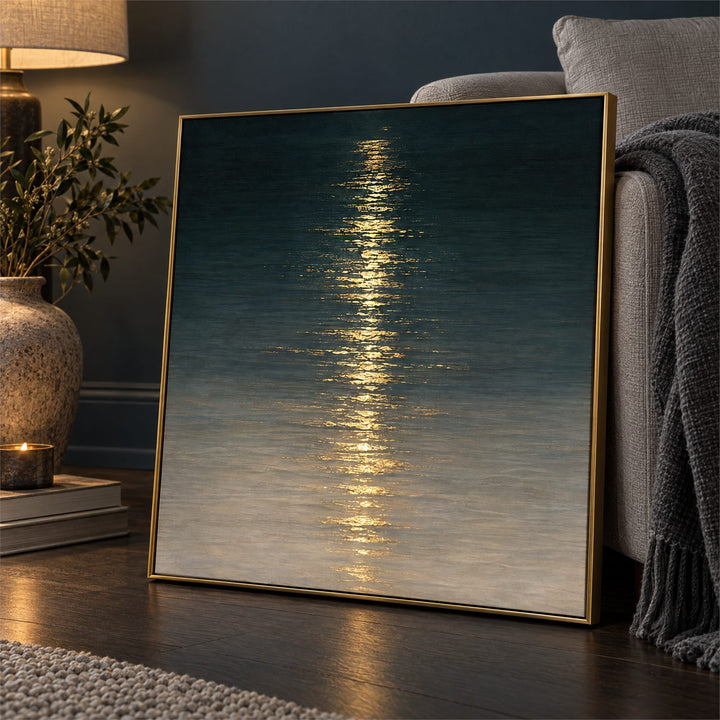 Close view of the gold light path broken across the water surface