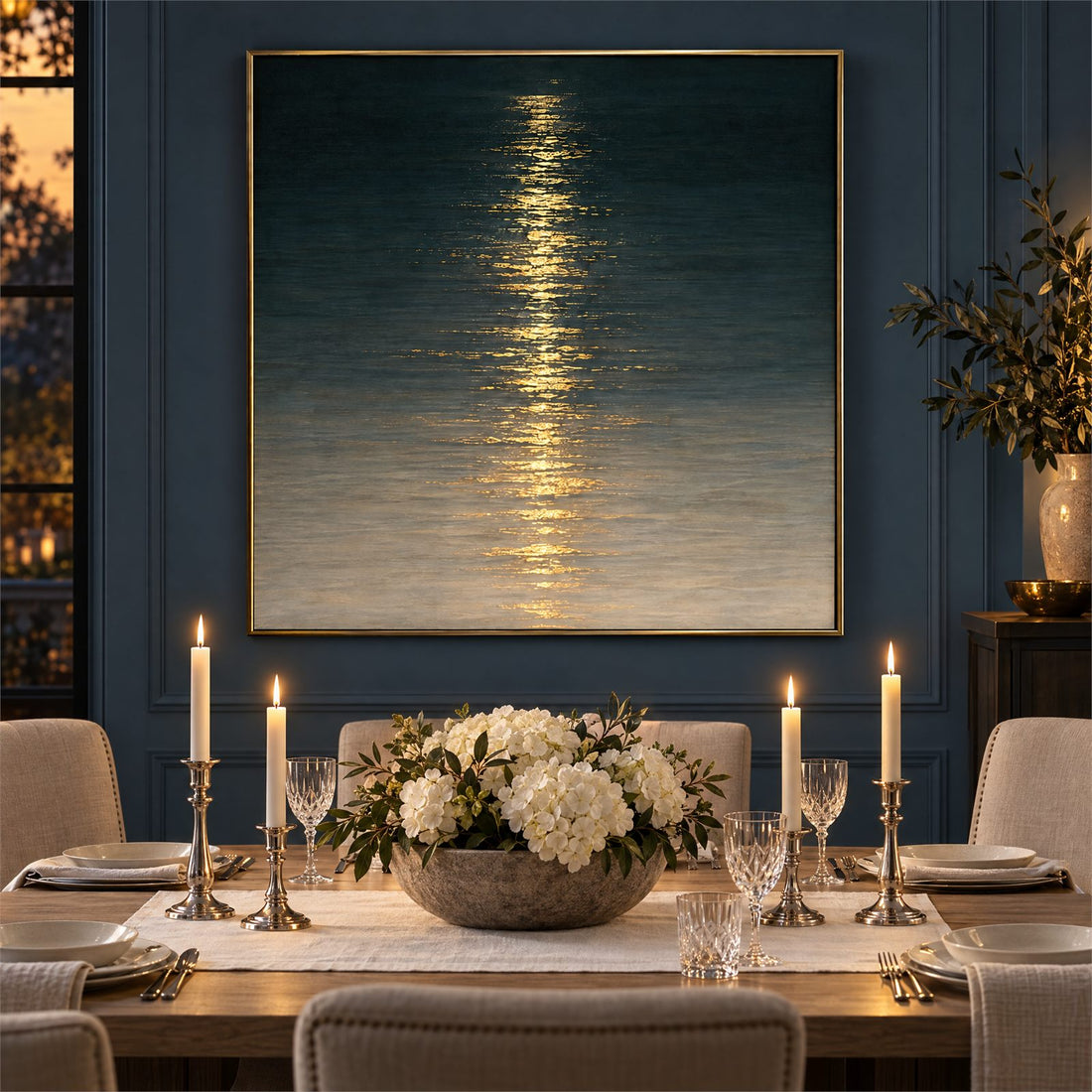 Navy and gold ocean canvas in a dining room