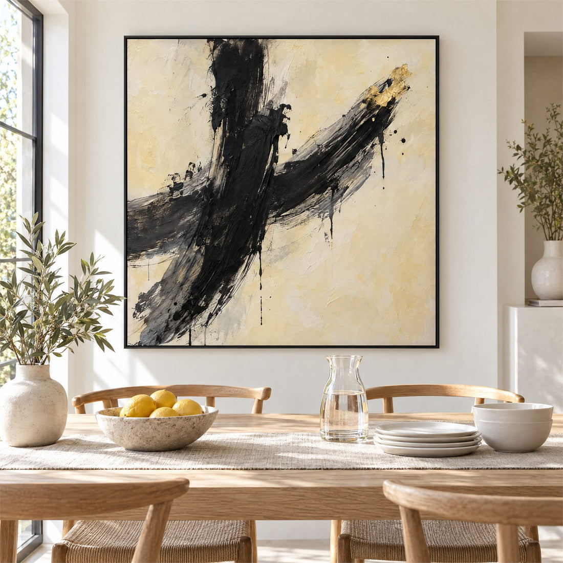 Black and cream brushstroke canvas in a dining room
