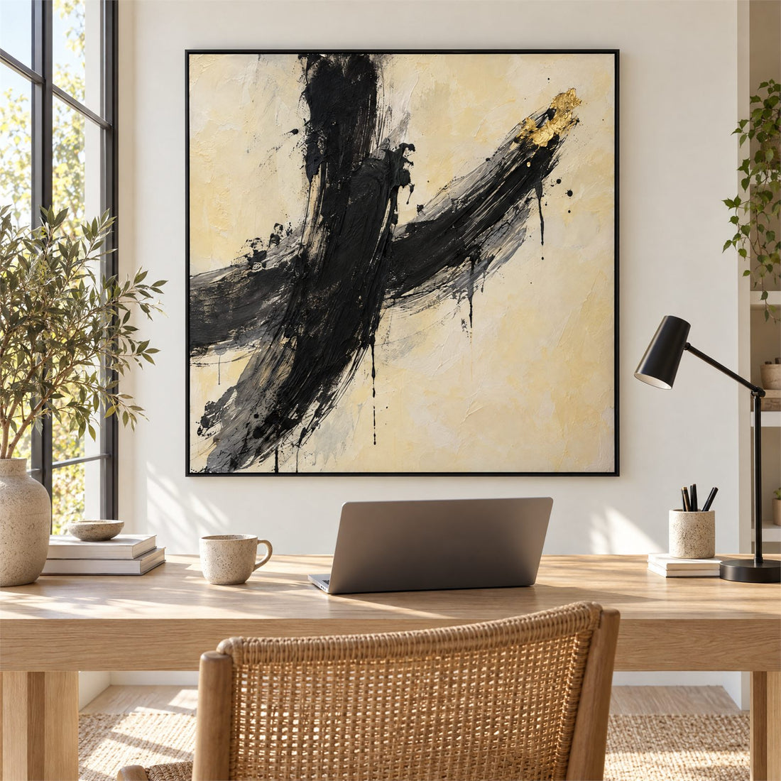 Black and cream abstract canvas in a study