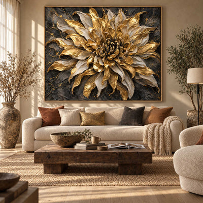 Black and Gold Flower Wall Art – Oversized Dramatic Bloom Textured Look Canvas for Living Room