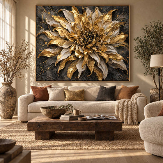 Black and Gold Flower Wall Art – Oversized Dramatic Bloom Textured Look Canvas for Living Room