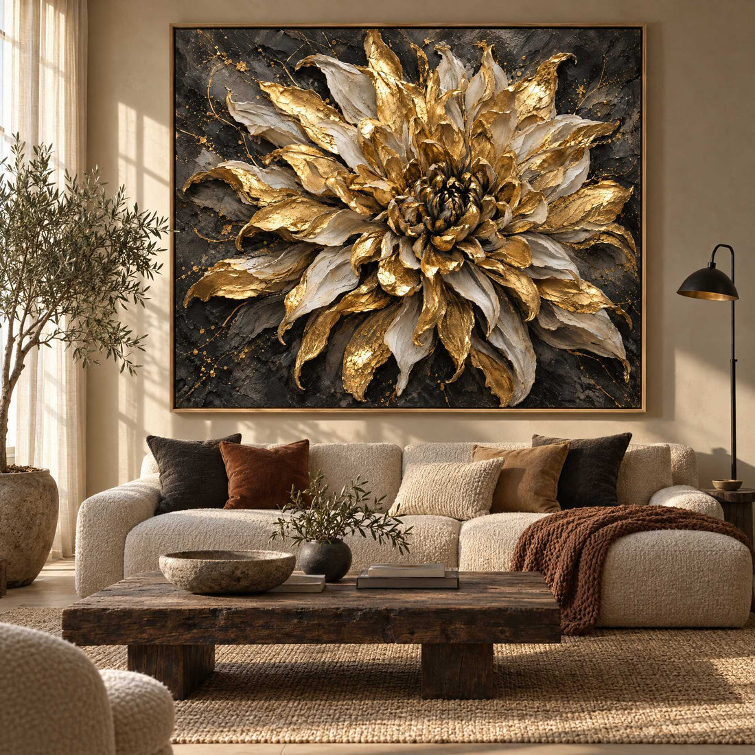 Black and Gold Flower Wall Art – Oversized Dramatic Bloom Textured Look Canvas for Living Room