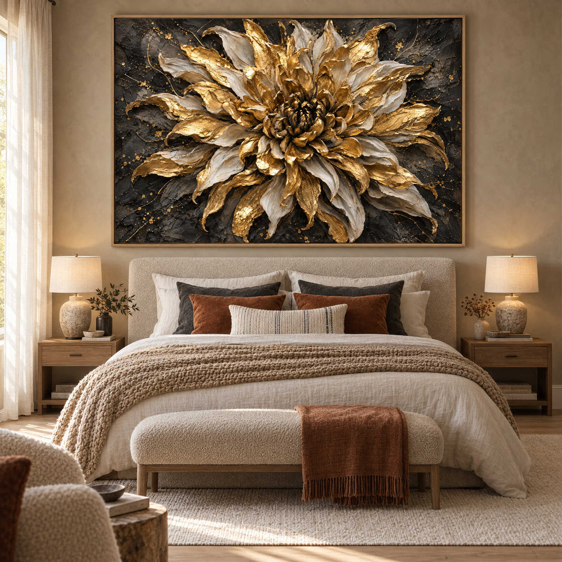 Black and Gold Flower Wall Art – Oversized Dramatic Bloom Textured Look Canvas for Living Room